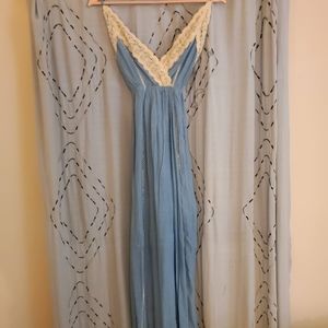 *SOLD* Blue and Cream Boho Open Back Lace Trimmed Maxi